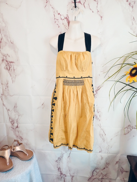 Anthropologie Floreat Y2K Floral Embroidered Dress Smocked Full Skirt Pockets - Picture 3 of 7